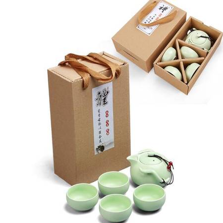 青瓷鱼杯茶具茶壶创意开业促销商务礼品陶瓷功夫套装 绿色企鹅1壶四杯 环保盒